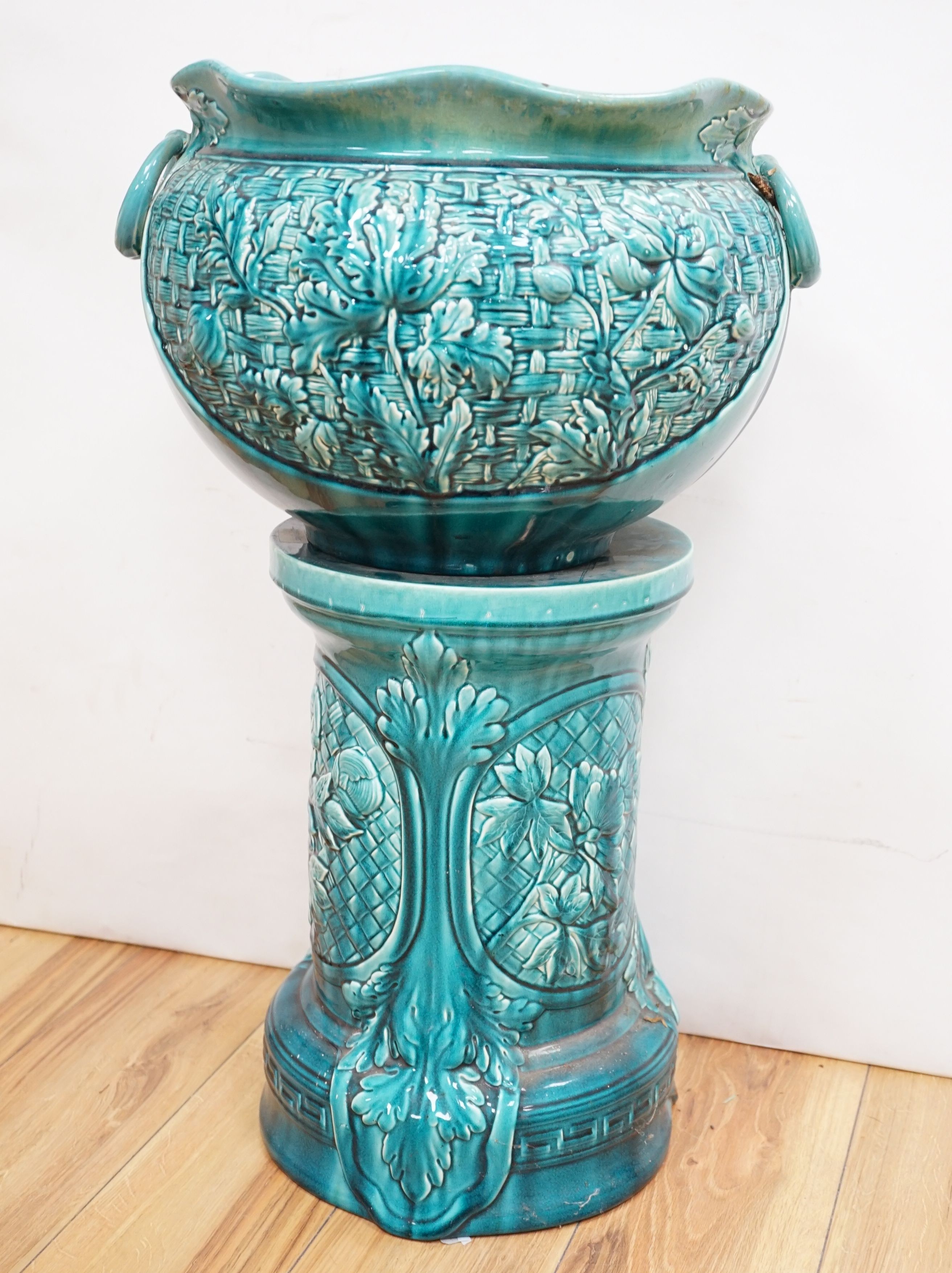A Bretby turquoise-glazed jardiniere on pedestal 74cm